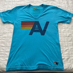 AVIATOR NATION T Shirt Big Logo V Neck Aqua Blue Short Sleeve Woman’s Sz M